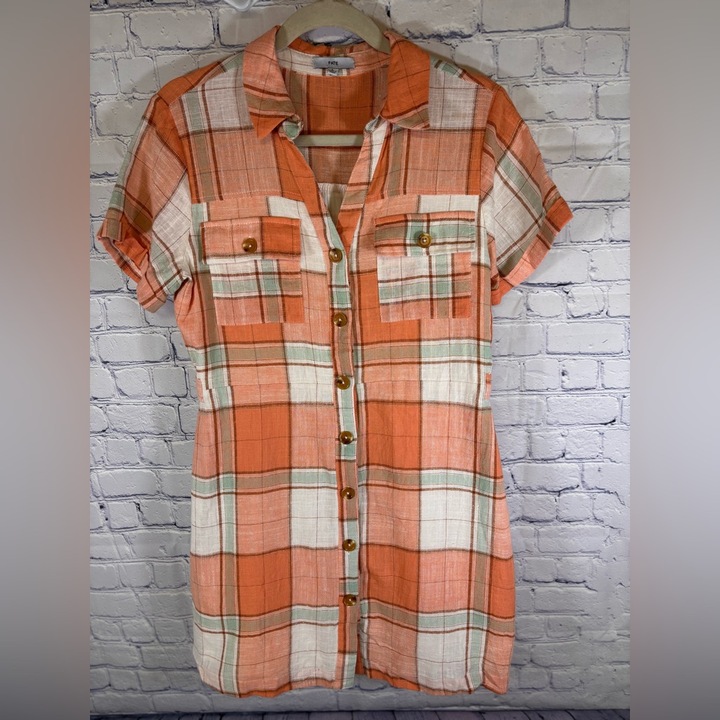 Fate Orange Cream Green Plaid Preppy Short Sleeve Button Up Mini Shirt Dress